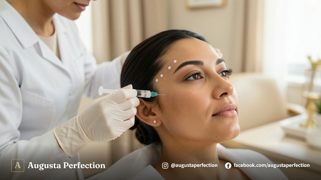 Mãos com luvas segurando produto de preenchimento em clínica estética elegante em Campinas