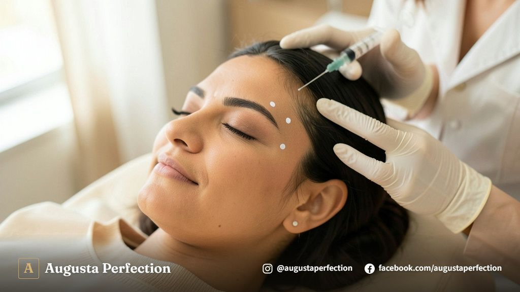 Mãos de profissional em luvas cirúrgicas segurando produto de preenchimento hialurônico em ambiente clínico.