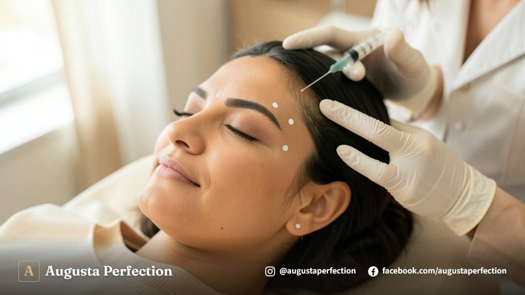 Mãos de profissional em luvas cirúrgicas segurando produto de preenchimento hialurônico em ambiente clínico.