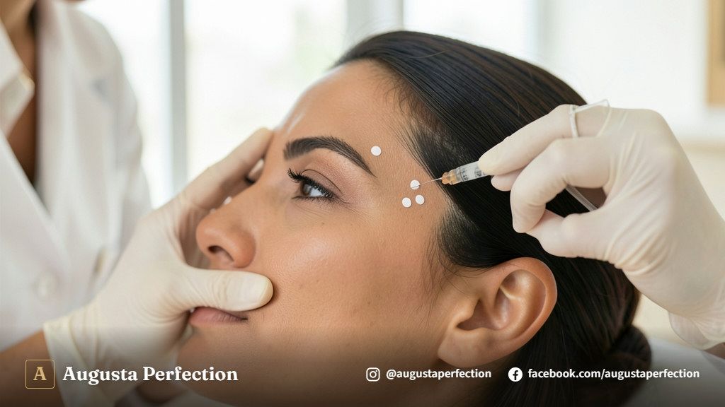 Profissional de estética segurando seringa com microcânula para preenchimento de têmporas seguro em ambiente clínico.