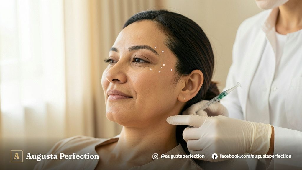 Ambiente de clínica estética premium com equipamentos e luvas estéreis para preenchimento de zigomático.