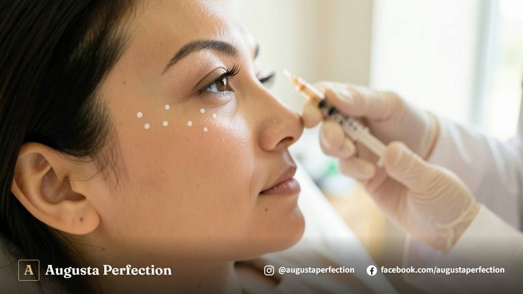 Profissional de estética segurando seringa de preenchedor em ambiente limpo e elegante para preenchimento de zigomático.