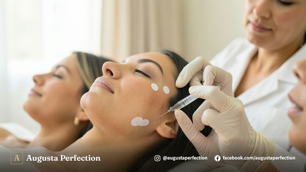 Profissional de estética segurando seringa de ácido hialurônico em consultório elegante em Bauru.