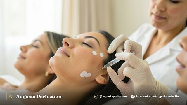 Profissional de estética segurando seringa de ácido hialurônico em consultório elegante em Bauru.