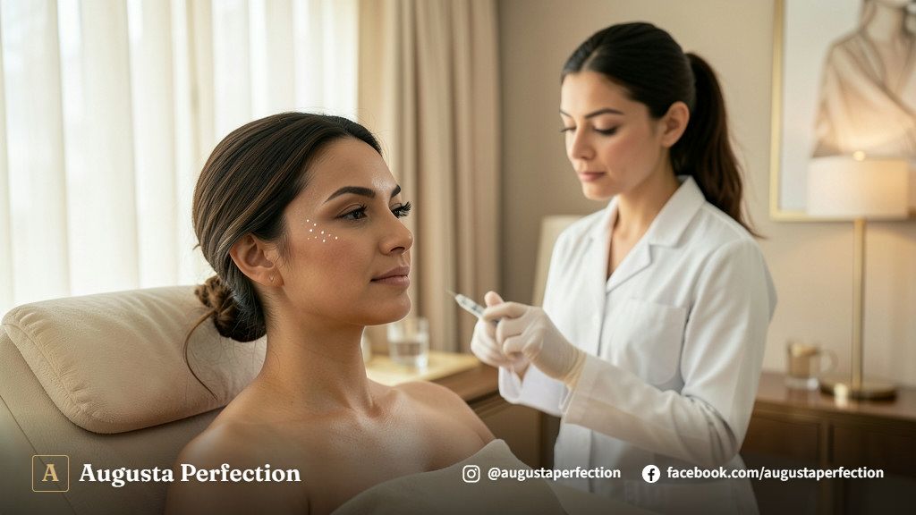 Profissional de estética avançada preparando aplicação de preenchimento facial em ambiente clínico sofisticado.