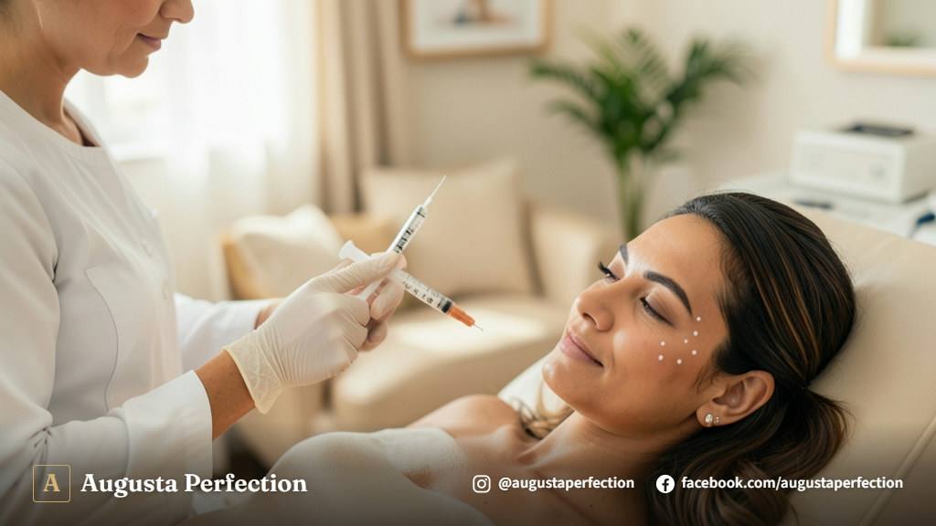 Atendimento profissional para aplicação de preenchimento facial em ambiente clínico sofisticado.