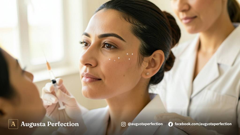 Profissional de estética avançada preparando ácido hialurônico para sustentação de zigomático em clínica.