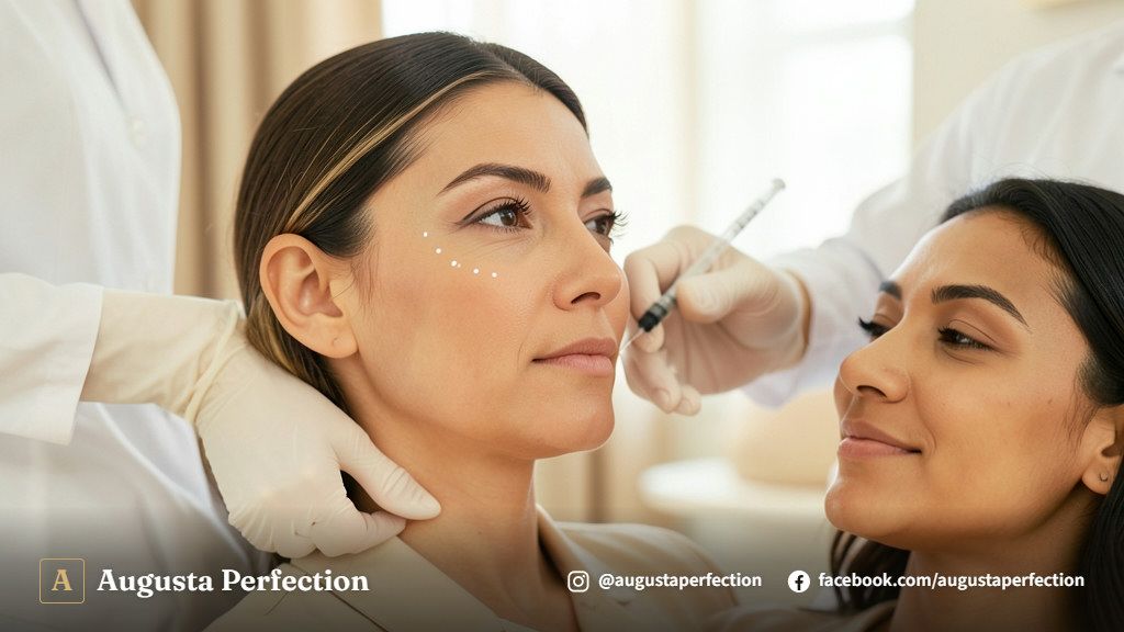 Ambiente de clínica de estética com profissional preparando preenchimento de zigomático com foco na segurança.