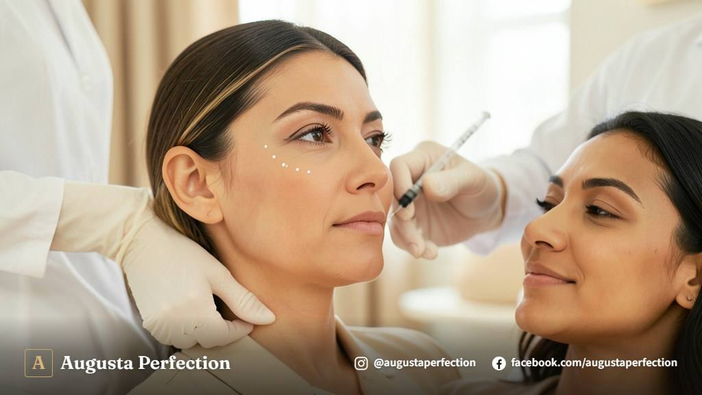 Ambiente de clínica de estética com profissional preparando preenchimento de zigomático com foco na segurança.