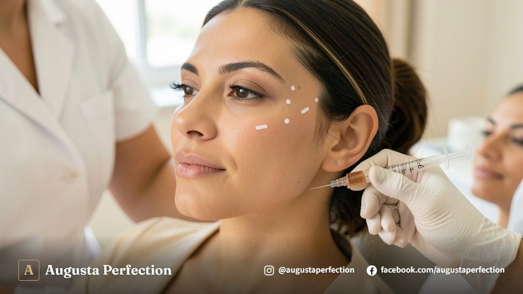 Mãos com luvas profissionais preparando preenchedor estético em clínica elegante para procedimento de zigomático.