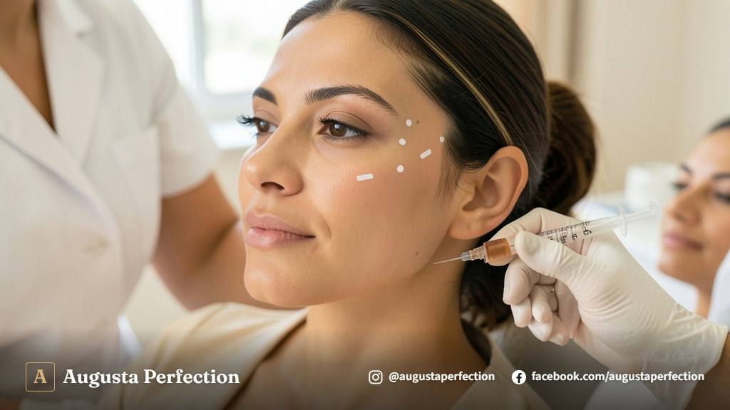Mãos com luvas profissionais preparando preenchedor estético em clínica elegante para procedimento de zigomático.