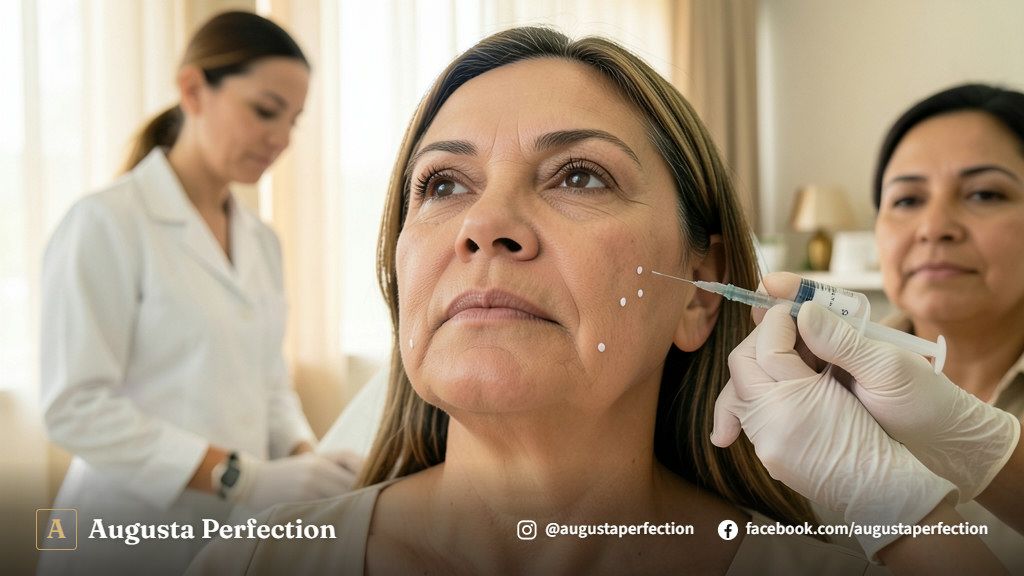 Profissional de estética preparando ácido hialurônico em clínica elegante para tratamento facial seguro em pele negra.