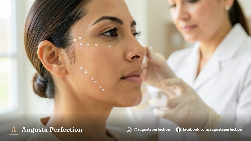 Mãos de profissional em luvas segurando seringa com preenchedor facial em ambiente de clínica estética de alto padrão.