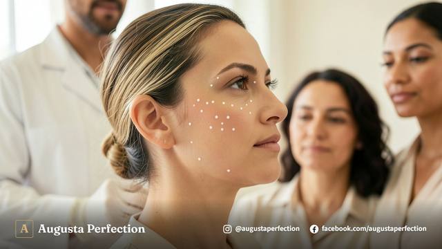 Especialista em estética conversando com paciente em consulta de avaliação para preenchimento facial.