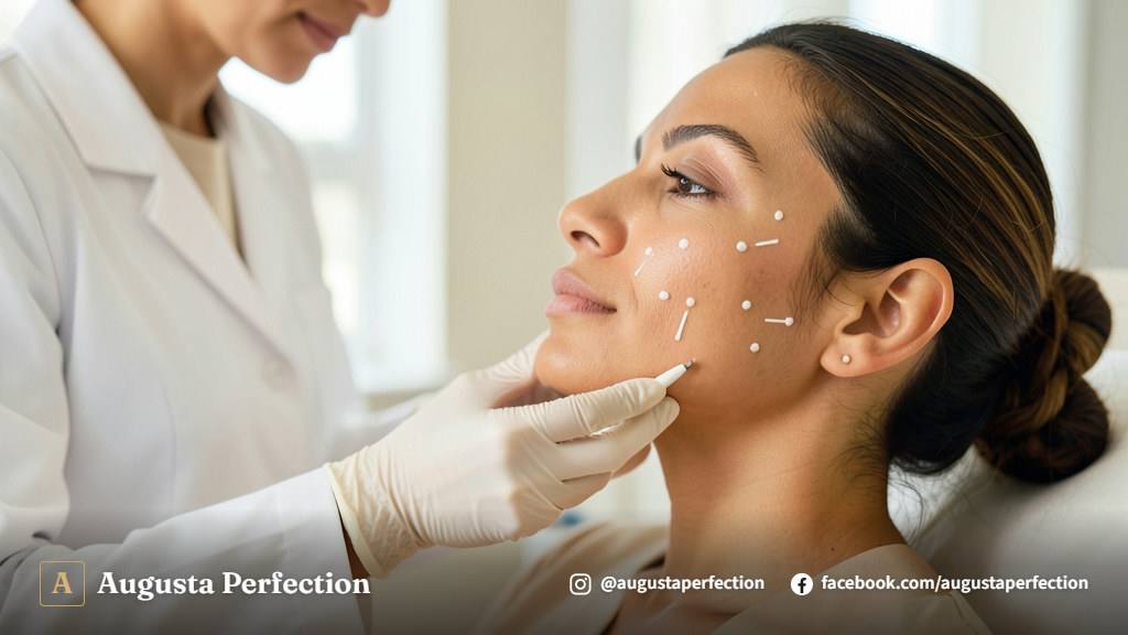 Profissional de estética em ambiente clínico realizando avaliação facial cuidadosa.