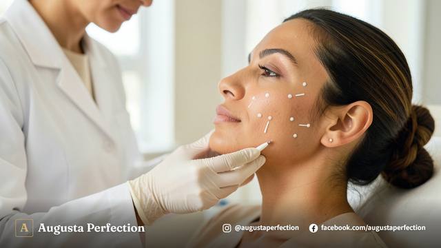 Profissional de estética em ambiente clínico realizando avaliação facial cuidadosa.