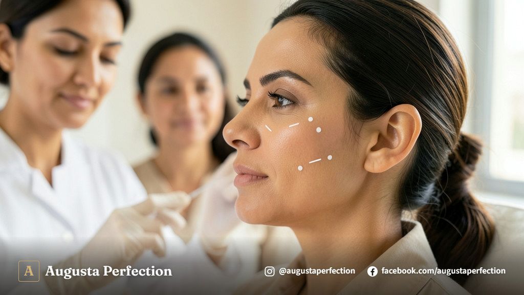 Mãos de especialista em luvas preparando materiais clínicos para preenchimento facial em ambiente elegante de estética.