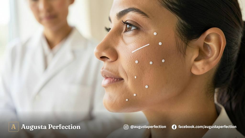 Profissional realizando avaliação facial detalhada para preenchimento em pele escura em clínica elegante.