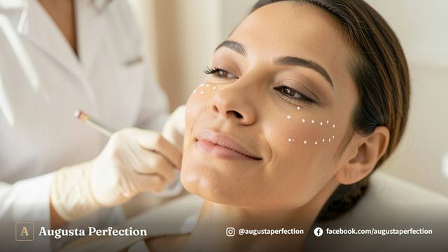 Profissional de estética em clínica preparando frasco de ácido hialurônico para procedimento facial.