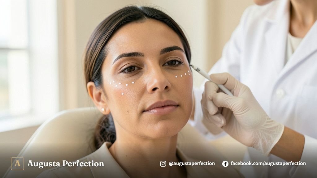 Especialista em estética com prancheta de avaliação facial em ambiente clínico sofisticado e iluminado.