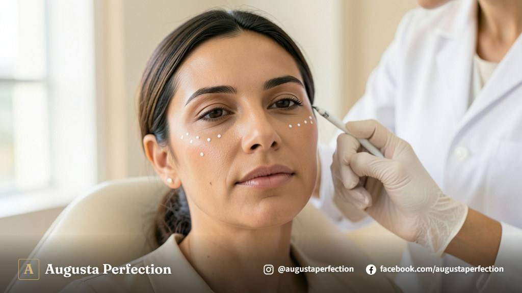 Especialista em estética com prancheta de avaliação facial em ambiente clínico sofisticado e iluminado.