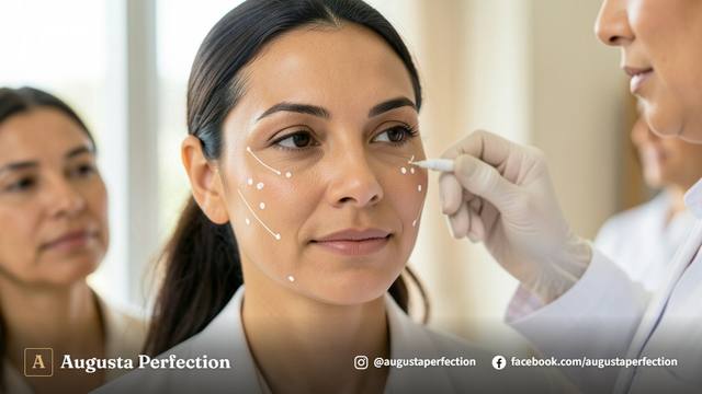 Mãos de profissional em clínica estética segura preparando preenchimento facial com protocolo de biossegurança.