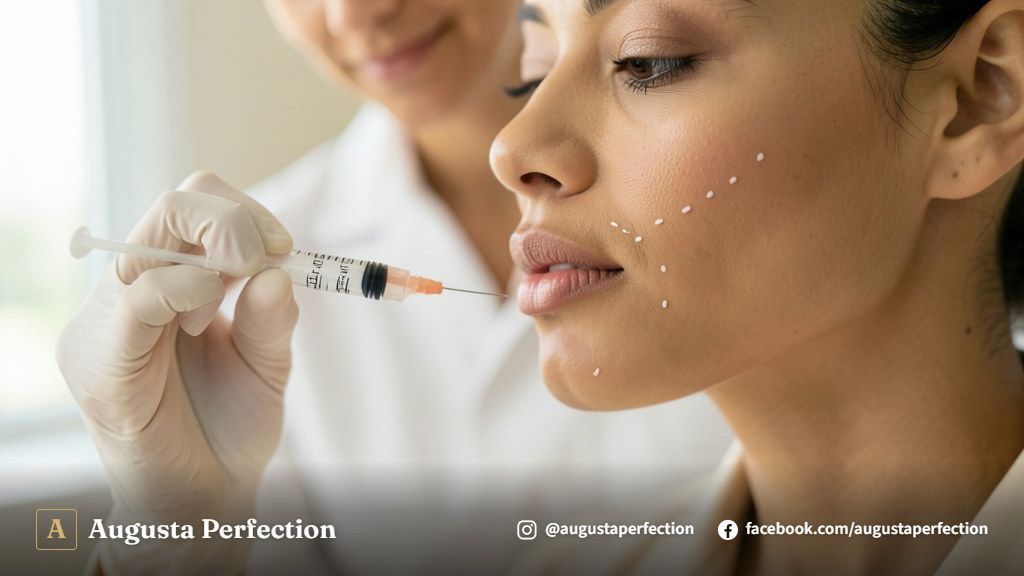 Mãos com luvas cirúrgicas segurando instrumento de aplicação de ácido hialurônico em ambiente de clínica estético.