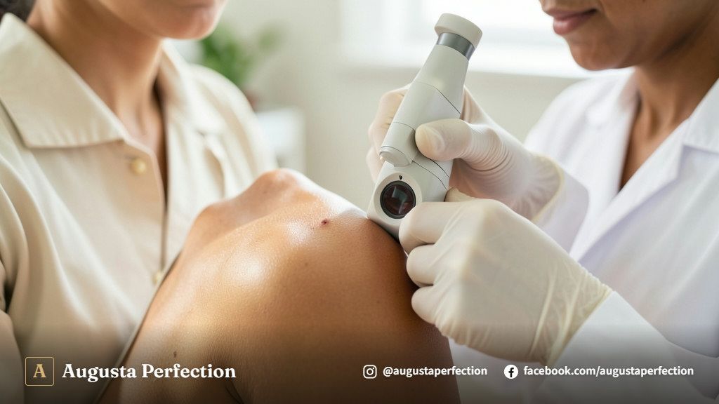 Especialista em estética realizando avaliação cuidadosa da pele facial em ambiente clínico sofisticado.