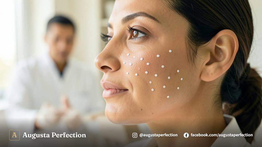 Especialista em estética preparando material higienizado para preenchimento facial em consultório elegante.