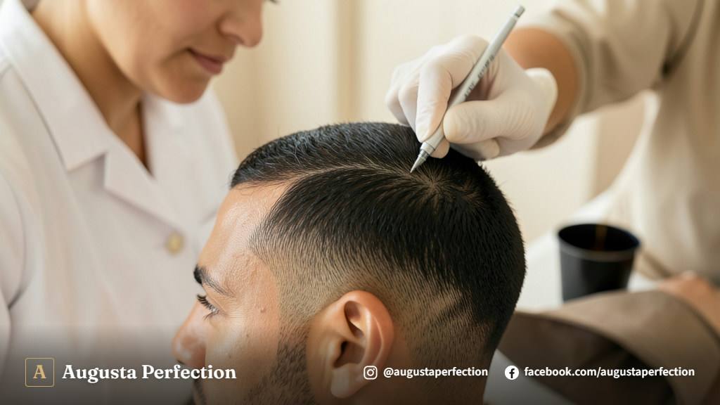 Especialista em estética preparando equipamento de nanopigmentação capilar em clínica higienizada.