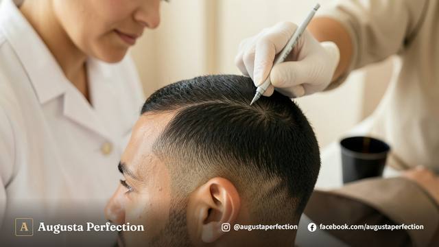 Especialista em estética preparando equipamento de nanopigmentação capilar em clínica higienizada.