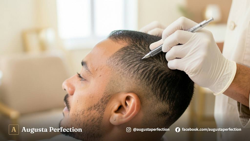 Ambiente de clínica de estética avançada preparado para procedimento de micropigmentação capilar com produtos higienizados.