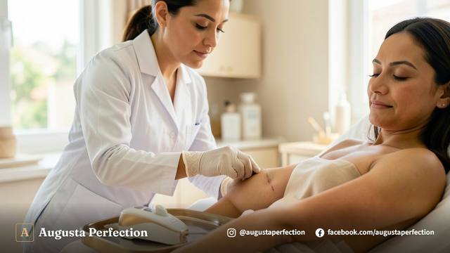 Especialista em estética realizando consulta de avaliação da pele em clínica moderna e acolhedora.