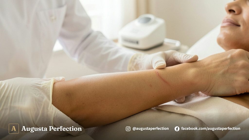 Profissional de estética preparando produtos dermatológicos para cuidados pós-procedimento em clínica elegante.