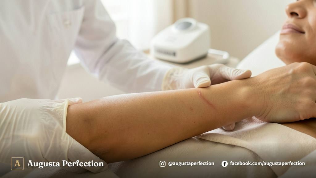 Profissional de estética preparando produtos dermatológicos para cuidados pós-procedimento em clínica elegante.