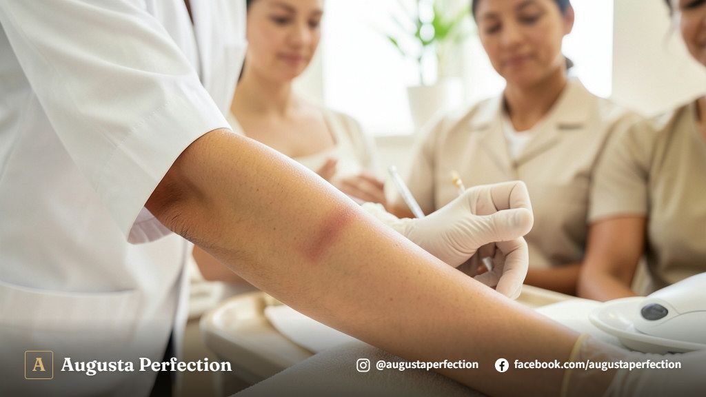 Especialista orientando paciente sobre cuidados com a pele após procedimento em consultório de estética avançada.