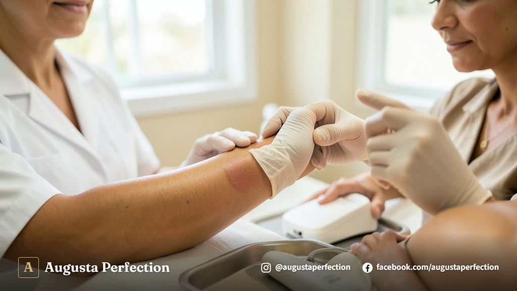 Profissional de estética com luvas segurando equipamento avançado para tratamento seguro de remoção de cicatriz em clínica.