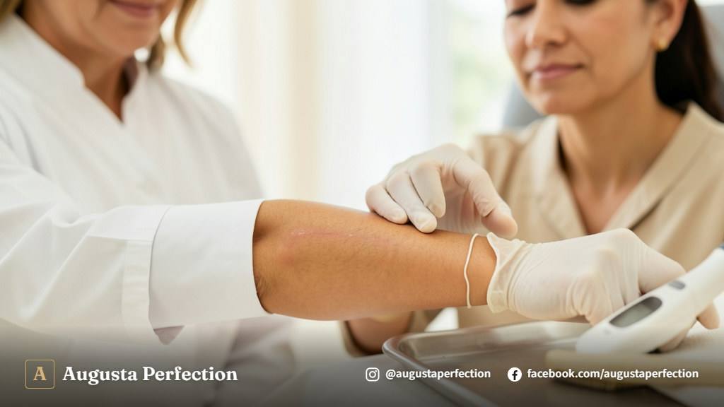 Ambiente de clínica de estética avançada preparado para procedimento de tratamento e suavização de cicatrizes.