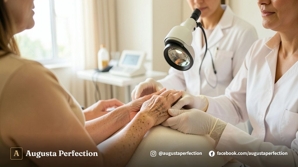 Ambiente de clínica estética premium com equipamentos modernos para cuidados com a pele e clareamento de manchas.
