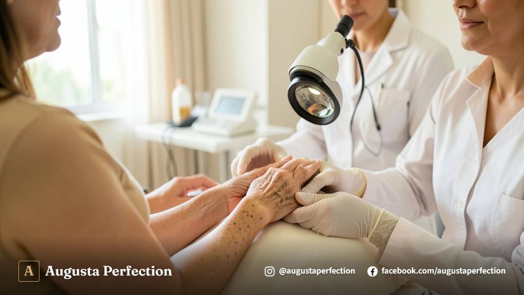 Ambiente de clínica estética premium com equipamentos modernos para cuidados com a pele e clareamento de manchas.