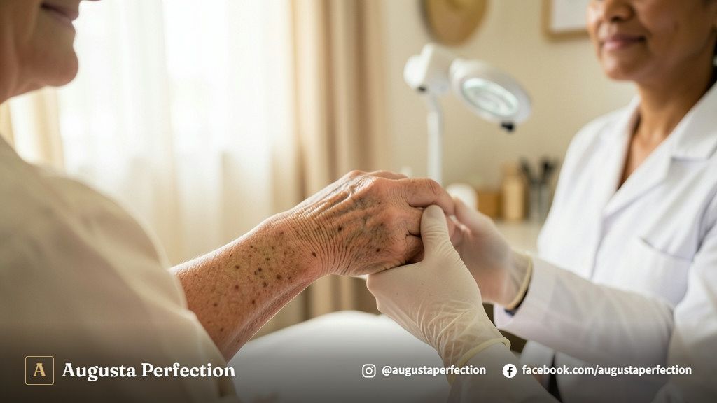 Especialista em estética preparando equipamento para tratamento de remoção de manchas senis em ambiente clínico.