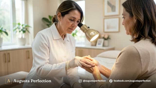 Especialista em estética avançada preparando equipamento a laser para remoção de manchas senis em consultório clínico.