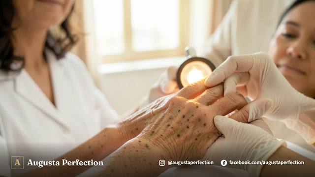 Especialista em estética avançada realizando avaliação cuidadosa da pele das mãos para remoção de manchas senis.