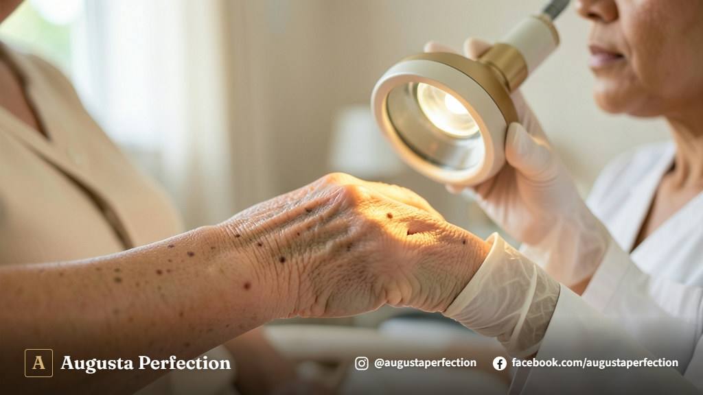Profissional de estética com luvas avaliando a pele das mãos de uma paciente em consultório moderno.