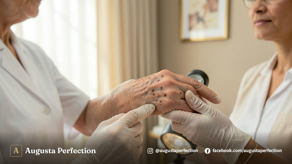 Profissional realizando avaliação para remoção de manchas senis na clínica Augusta Perfection em Campinas