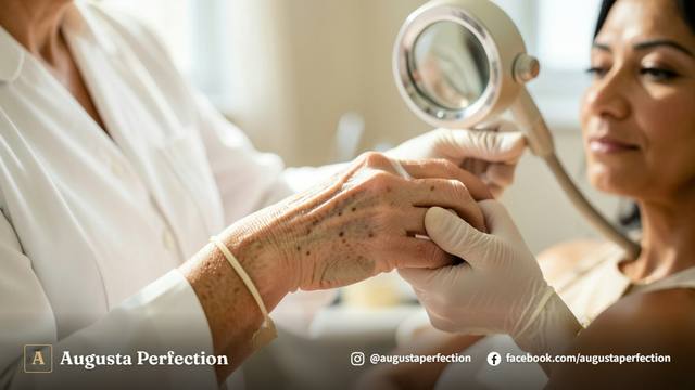 Especialista em estética realizando avaliação da pele da mão de uma paciente em ambiente clínico elegante em Jaú.
