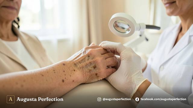 Profissional de estética aplicando tecnologia de luz para remoção de manchas senis nas mãos de paciente em ambiente clínico.