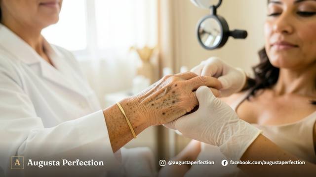 Especialista em estética preparando equipamento para tratamento de manchas senis em clínica moderna.