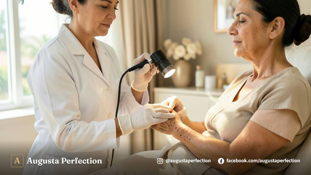Ambiente de clínica de estética elegante com foco em cuidados para remoção de manchas senis.