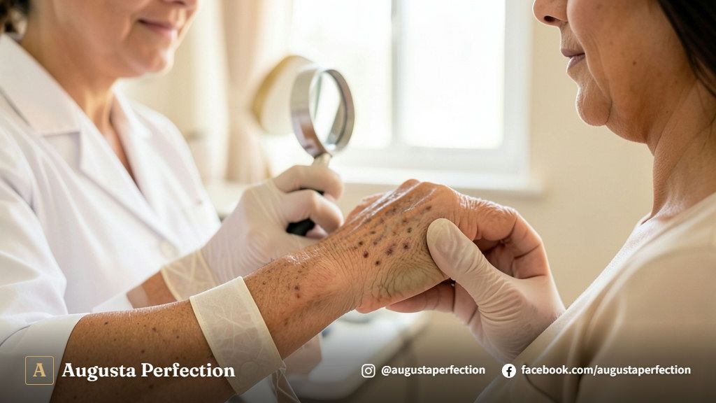Profissional realizando avaliação cuidadosa da pele em ambiente de clínica estéril para tratamento de manchas senis.